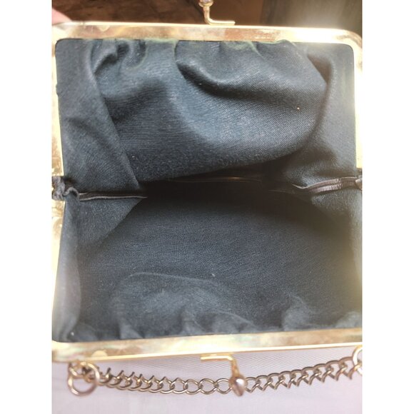 Vintage Black Faux Leather Handbag Purse With Gold Chain Strap Filigree Hardware - Picture 5 of 6